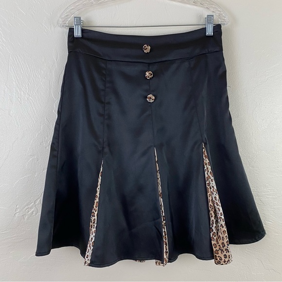 RockSteady Dresses & Skirts - Rock Steady Size Medium Black & Cheetah Satin Button Down Swing Midi Skirt